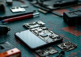 Technician working on phone repair bench