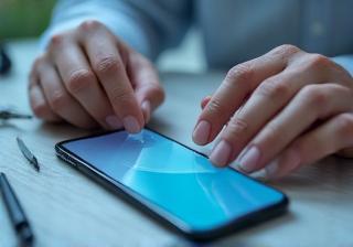 Technician professionally applying a screen protector on a smartphone